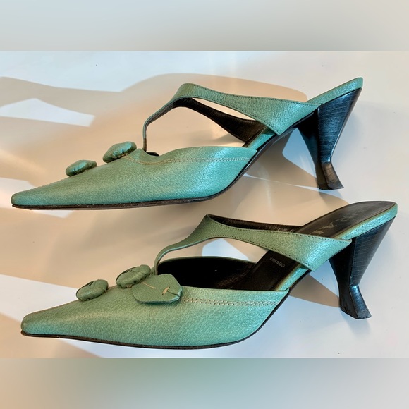 Genuine PRADA light green leather floral MULES 2” kitten heel sz 37 US 6.5-7 - Picture 6 of 16